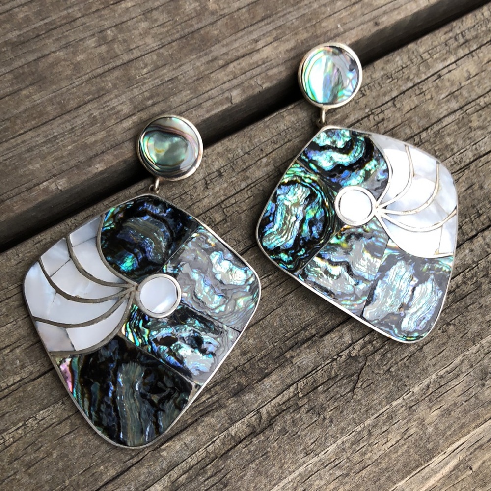 Sterling Silver Mexico Earrings Abalone Inlaid Pierced Large Vintage
